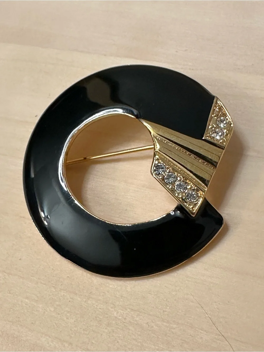 Vintage Monet Black Enamel Rhinestone Art Deco Revival Brooch